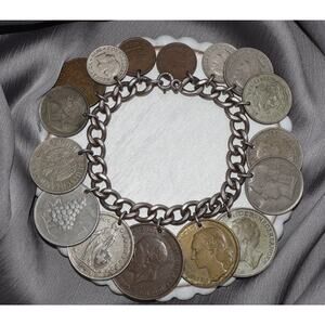 Victorian 1880s Sterling Silver World Coins Chain Bracelet 10.5G / 7.75in/8mm